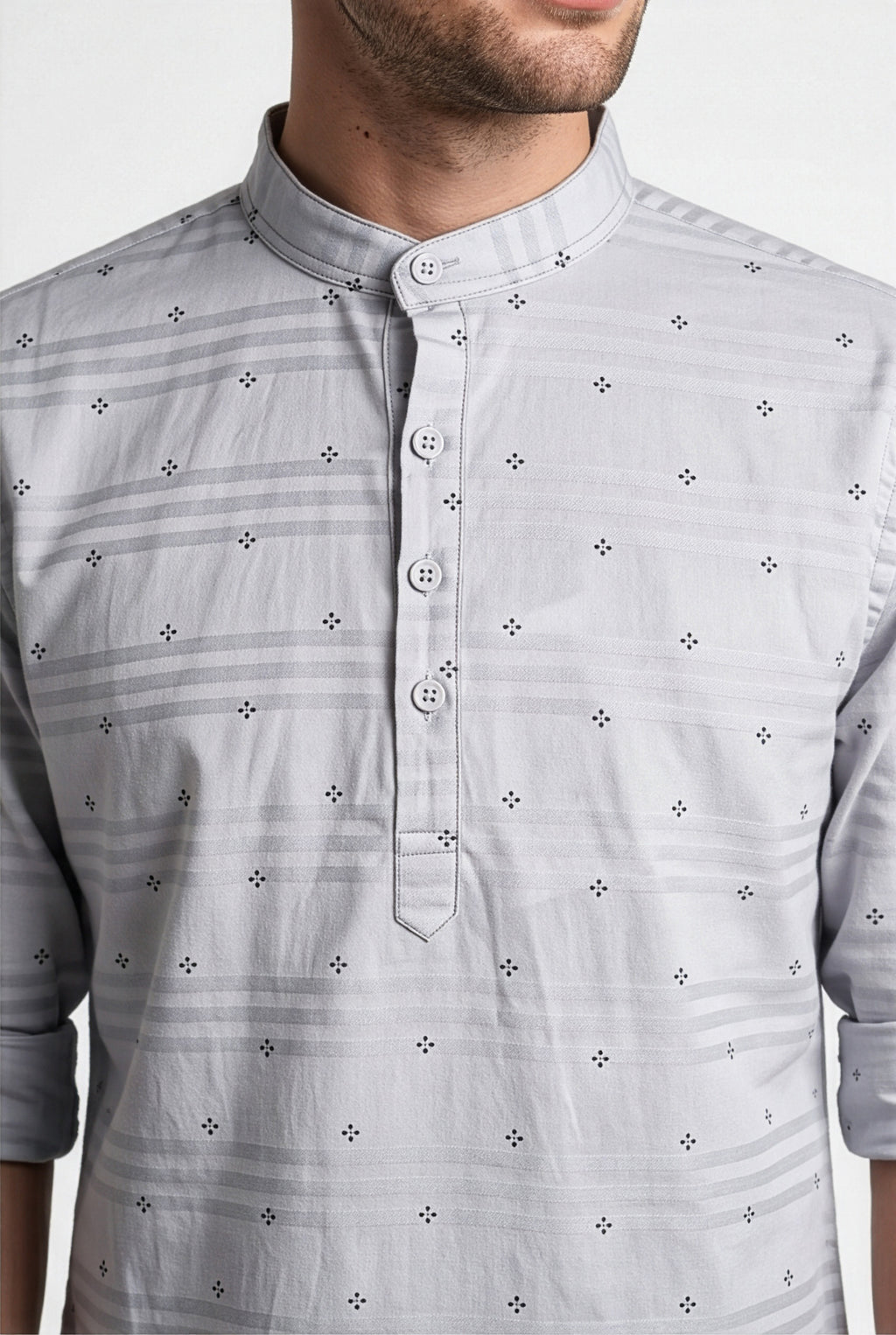 Light grey printed short kurta, collar and print detail