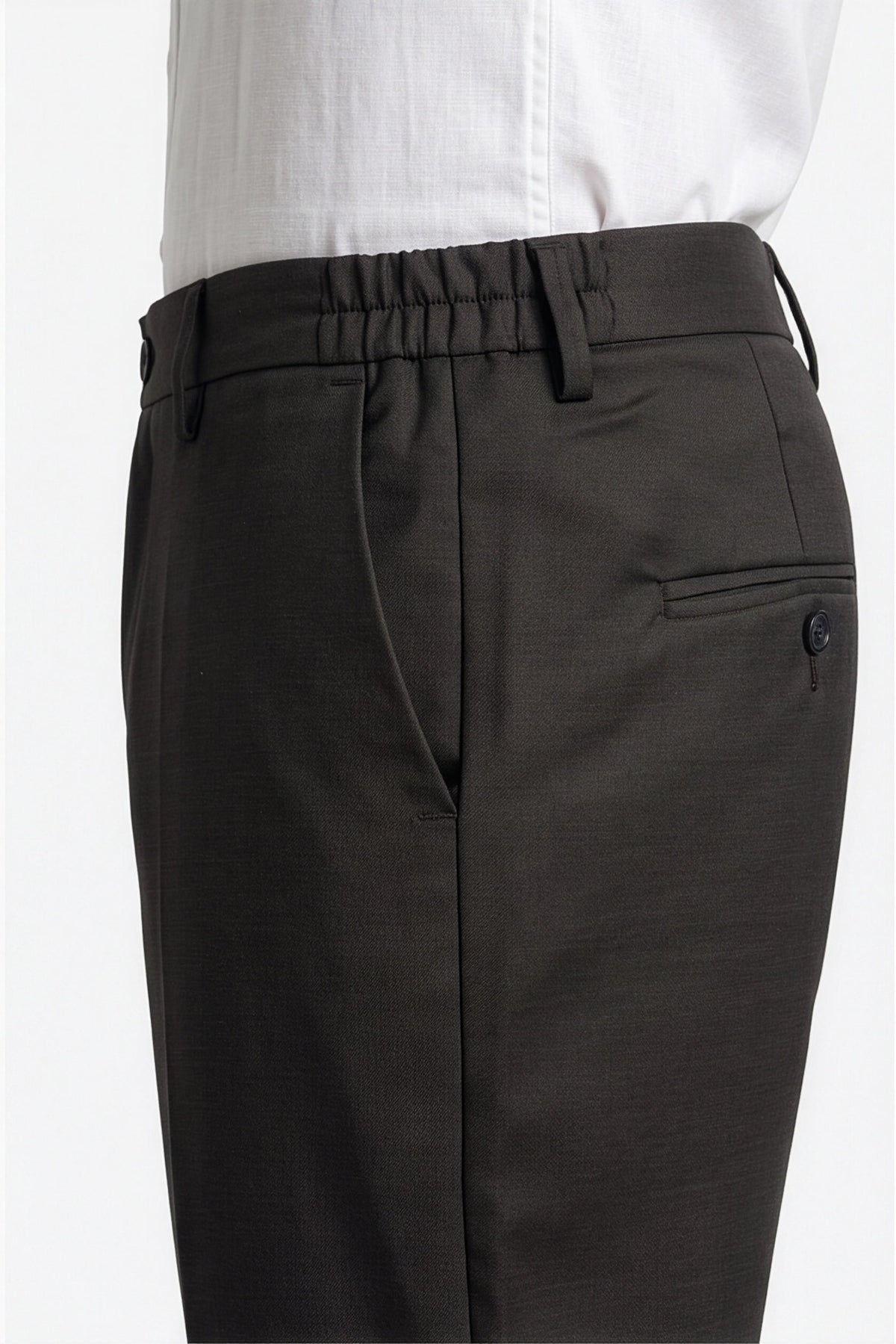 Calcani Men's Trouser Dark Espresso Brown – Side Waistband Close Up with Elasticated Back Ruching Detail