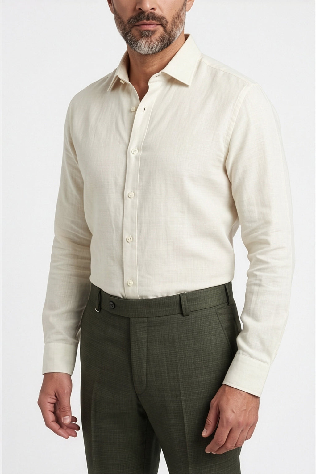 Calcani Men's Formal Pant Dark Olive Green – Upper Body and Waistband Close Up