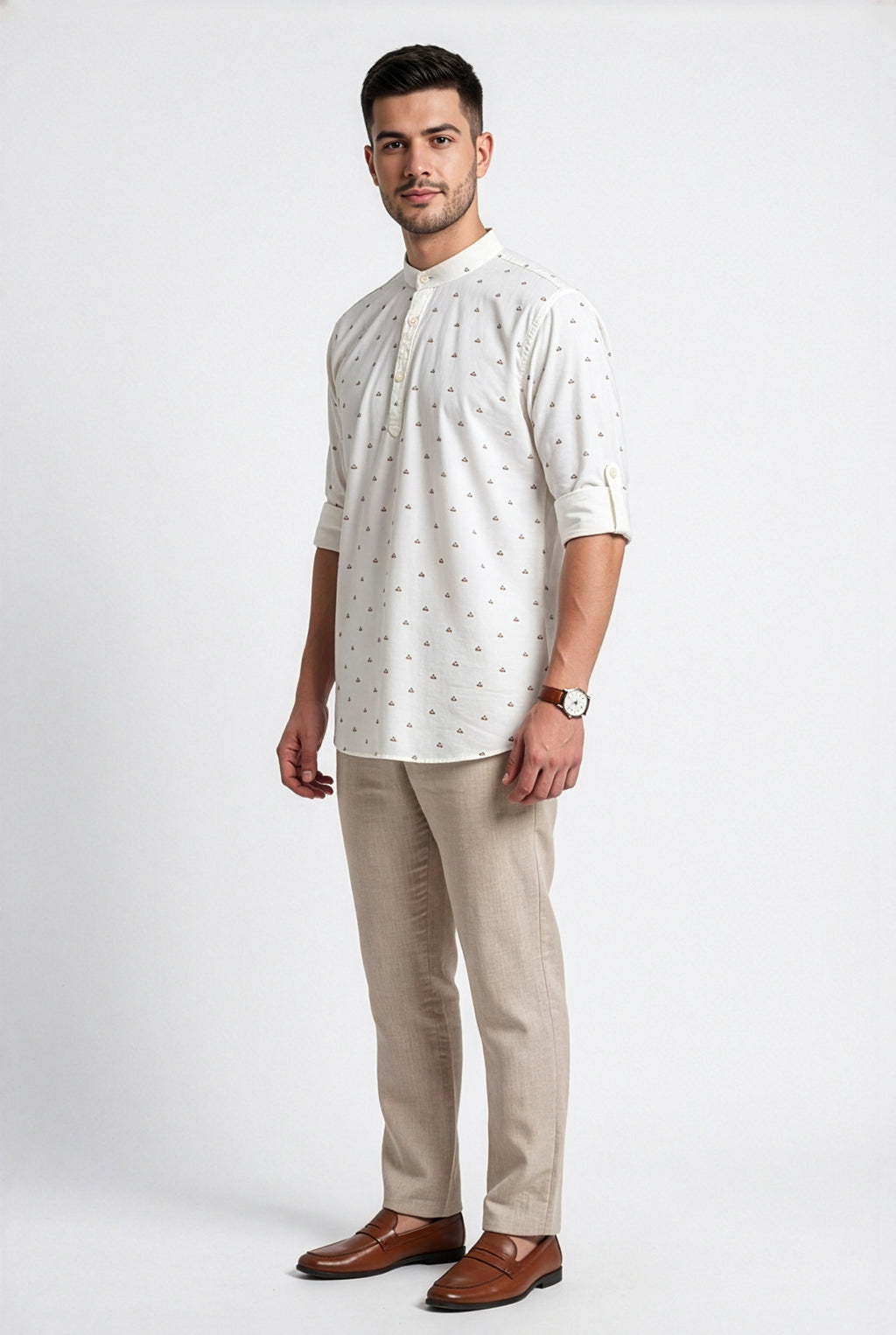 Ivory-white multicolour printed short kurta, back view