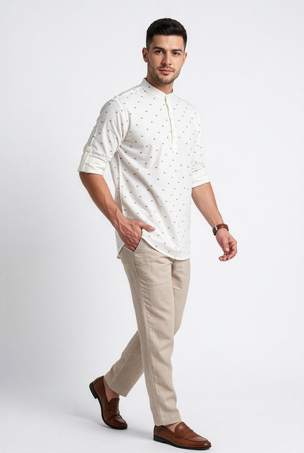 Ivory-white multicolour printed short kurta, collar and print detail