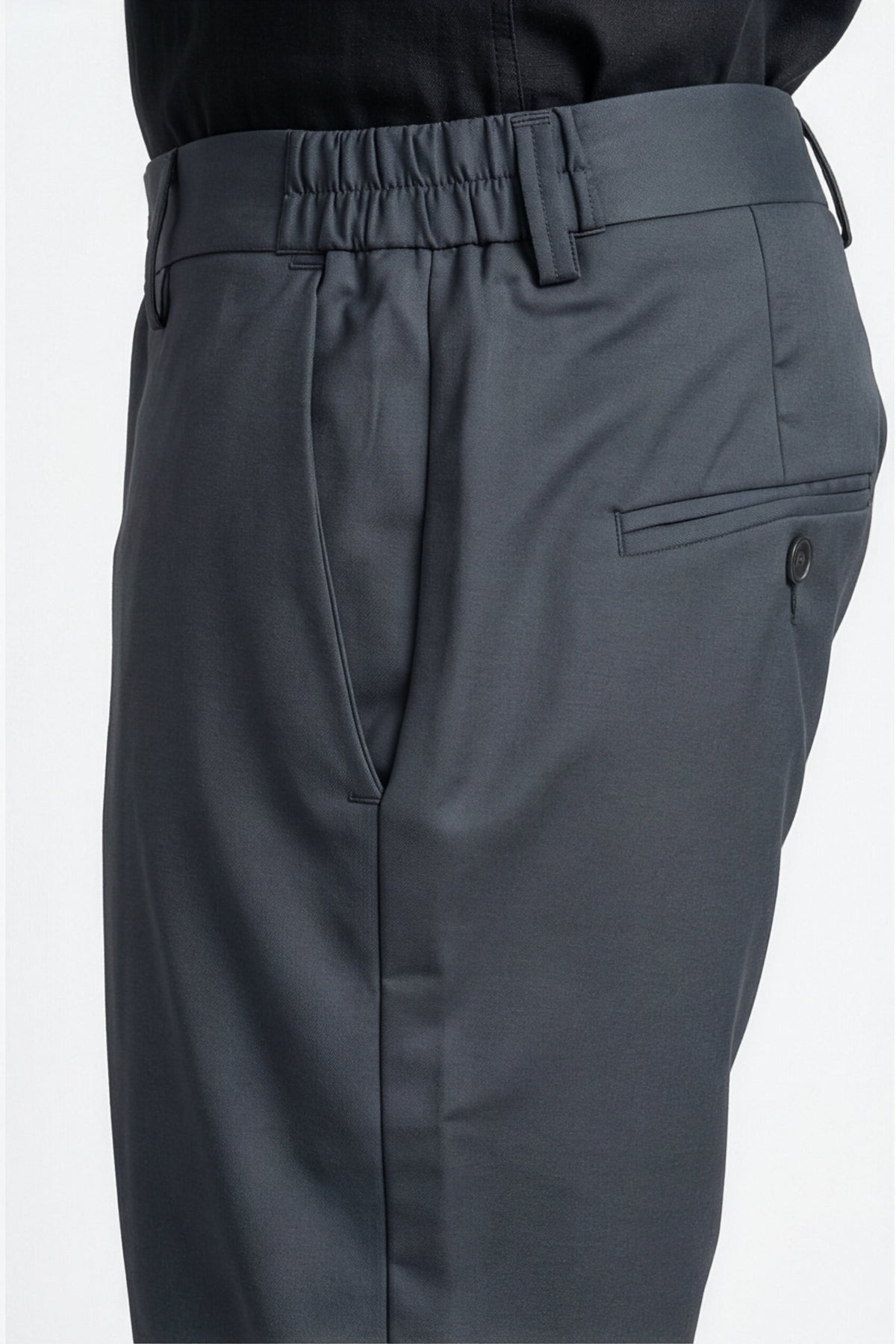 Calcani Men's Trouser Dark Slate Blue Grey – Side Waistband Close Up with Elasticated Front Detail