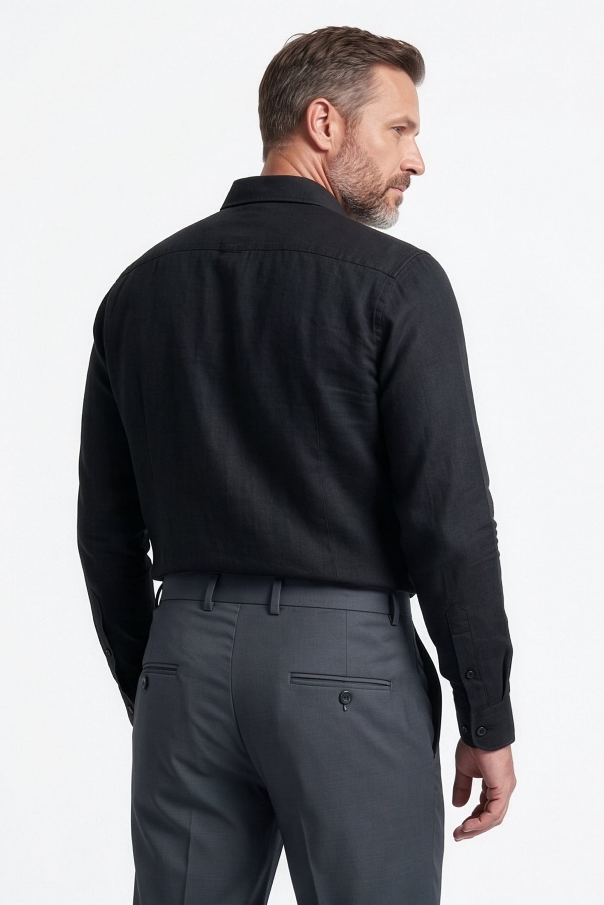 Calcani Men's Trouser Dark Slate Blue Grey – Three Quarter Back View with Double Welt Pockets