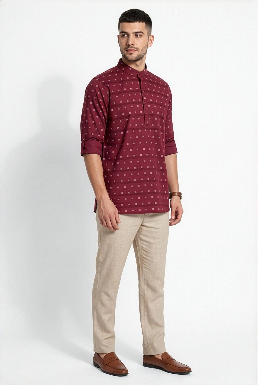 Maroon printed short kurta, collar and print detail