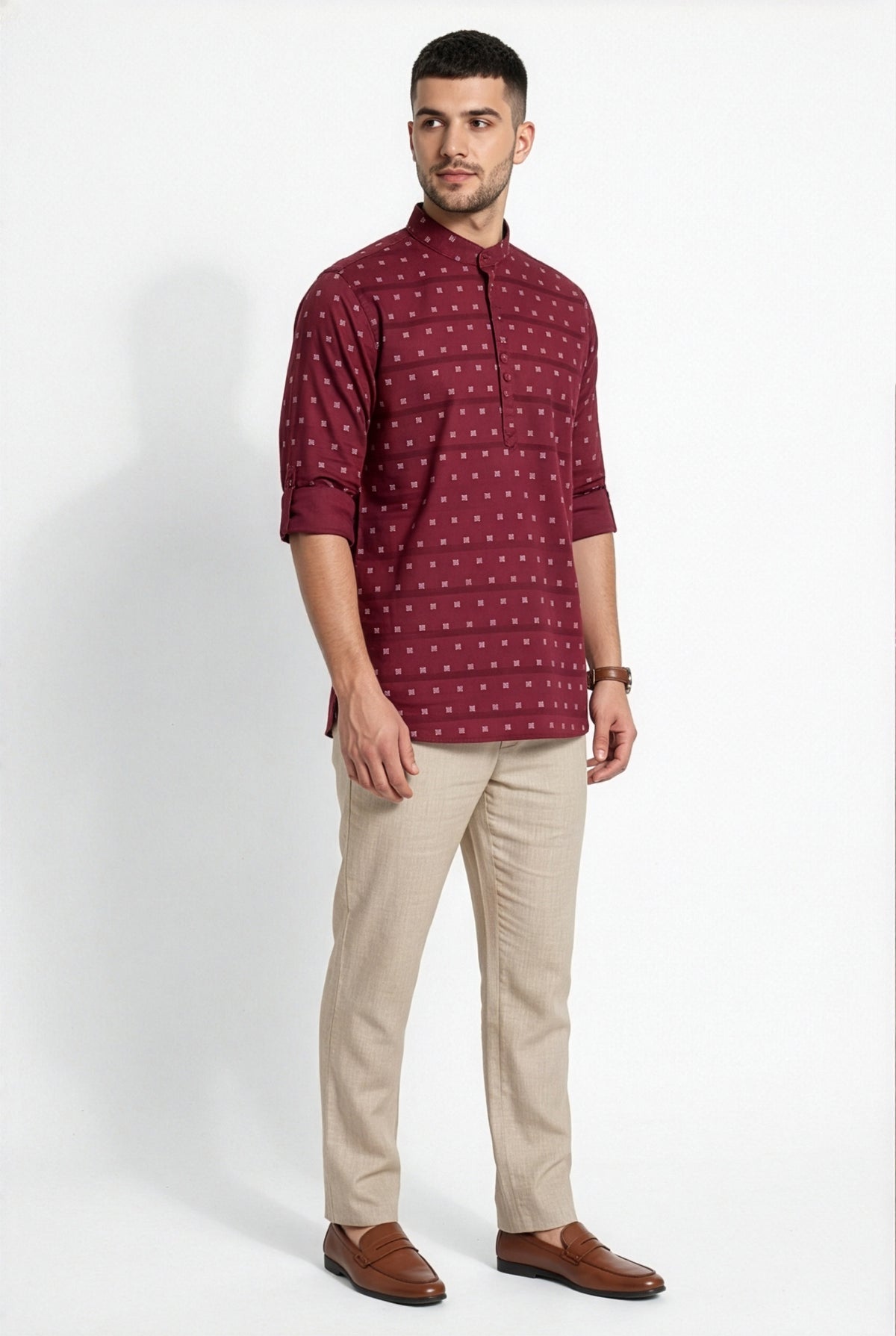 Maroon printed short kurta, collar and print detail