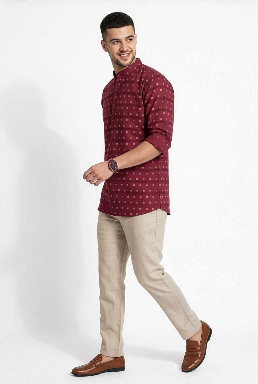 Maroon printed short kurta, three-quarter view
