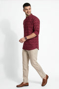 Maroon printed short kurta, three-quarter view