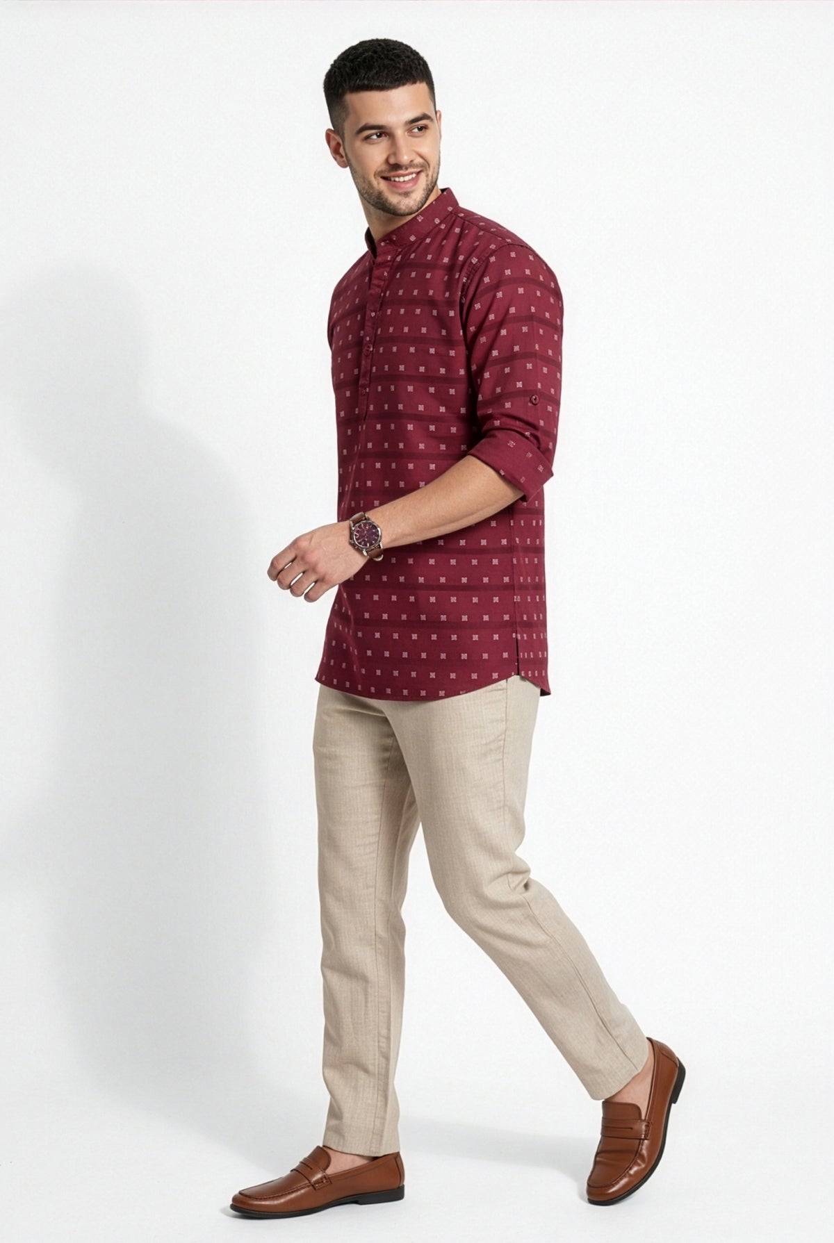 Maroon printed short kurta, three-quarter view