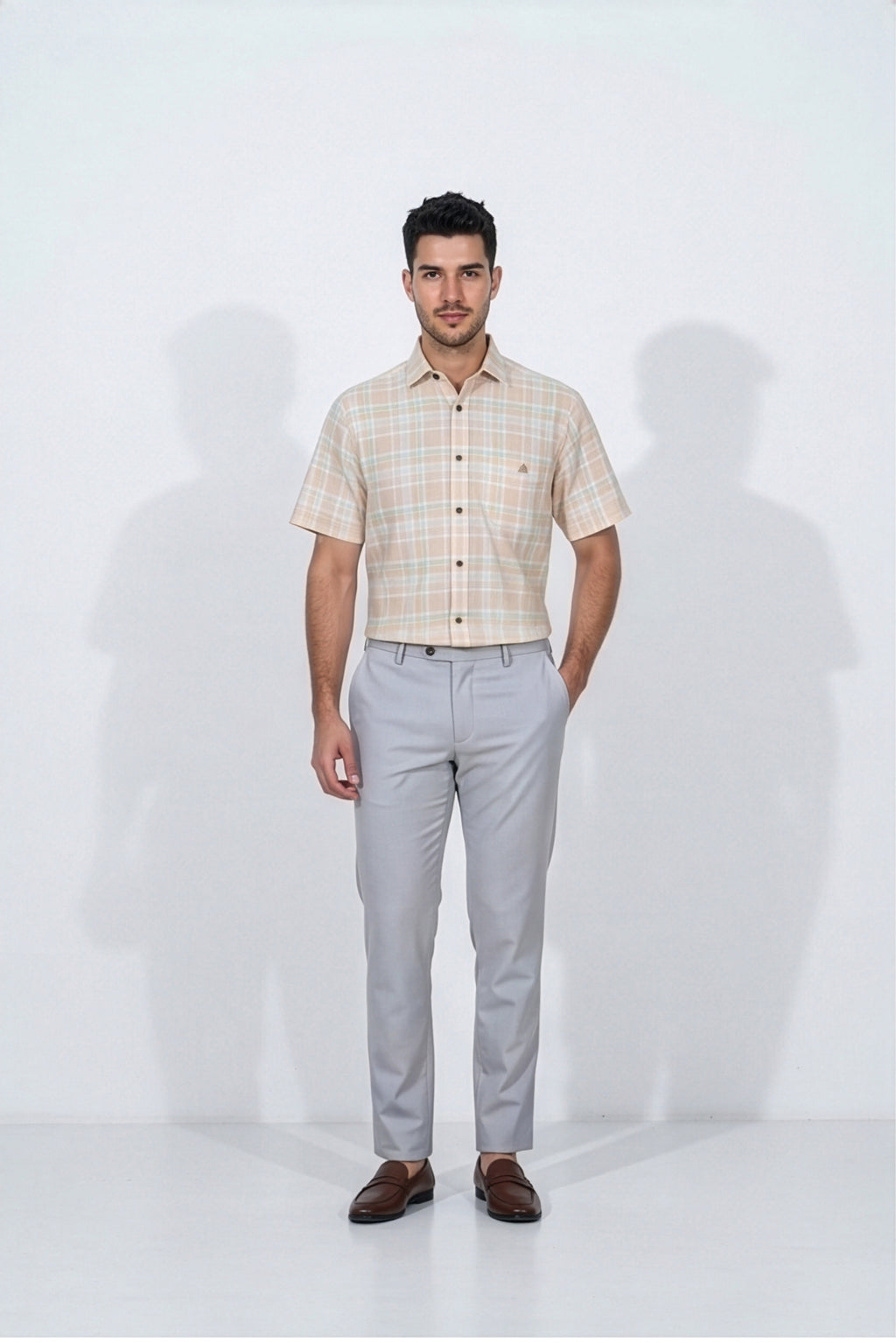 Paul Jones Men's Cotton Linen Shirt Peach Mint Plaid Check – Full Front Standing
