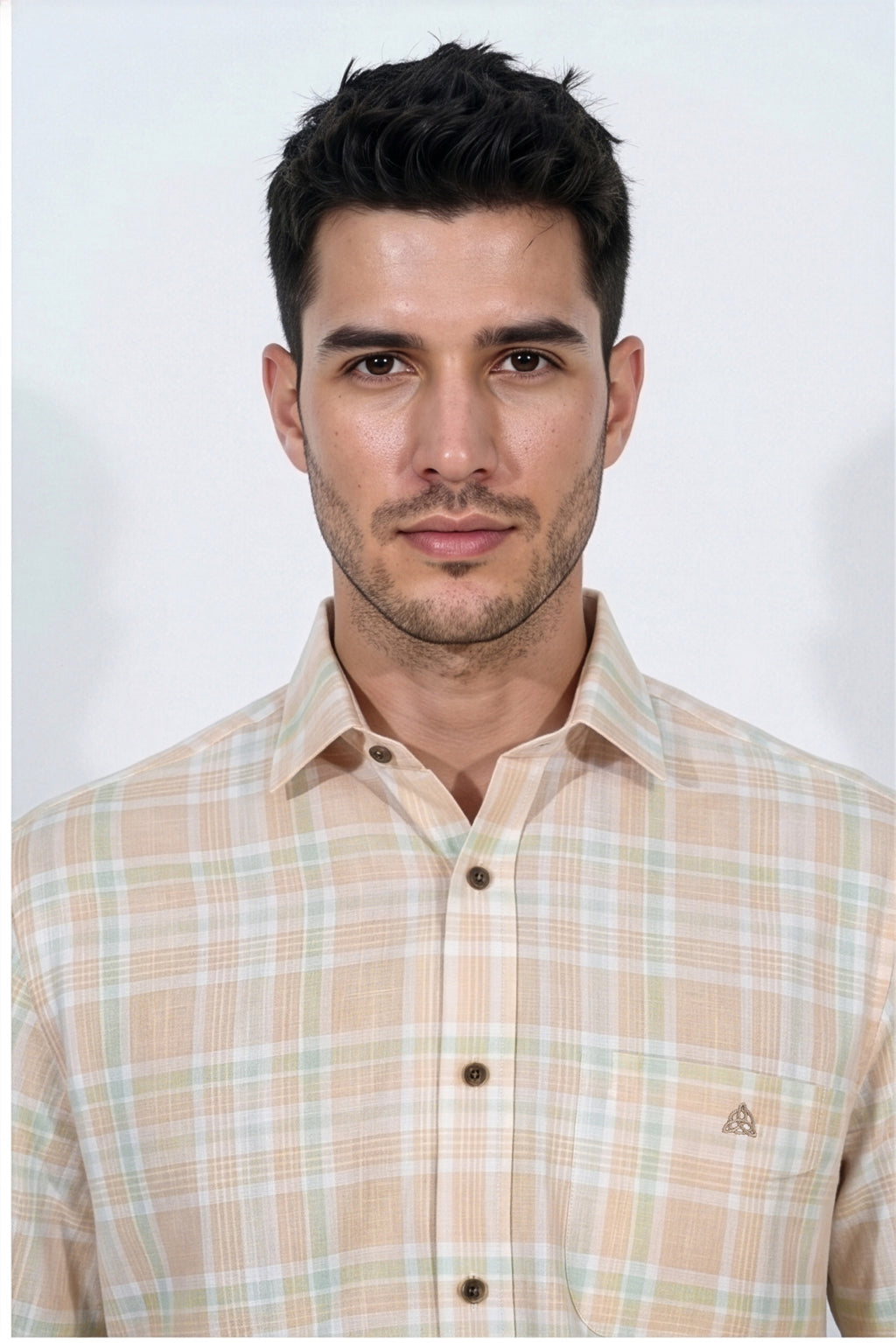 Paul Jones Men's Cotton Linen Shirt Peach Mint Plaid Check – Seated Pose