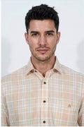 Paul Jones Men's Cotton Linen Shirt Peach Mint Plaid Check – Seated Pose