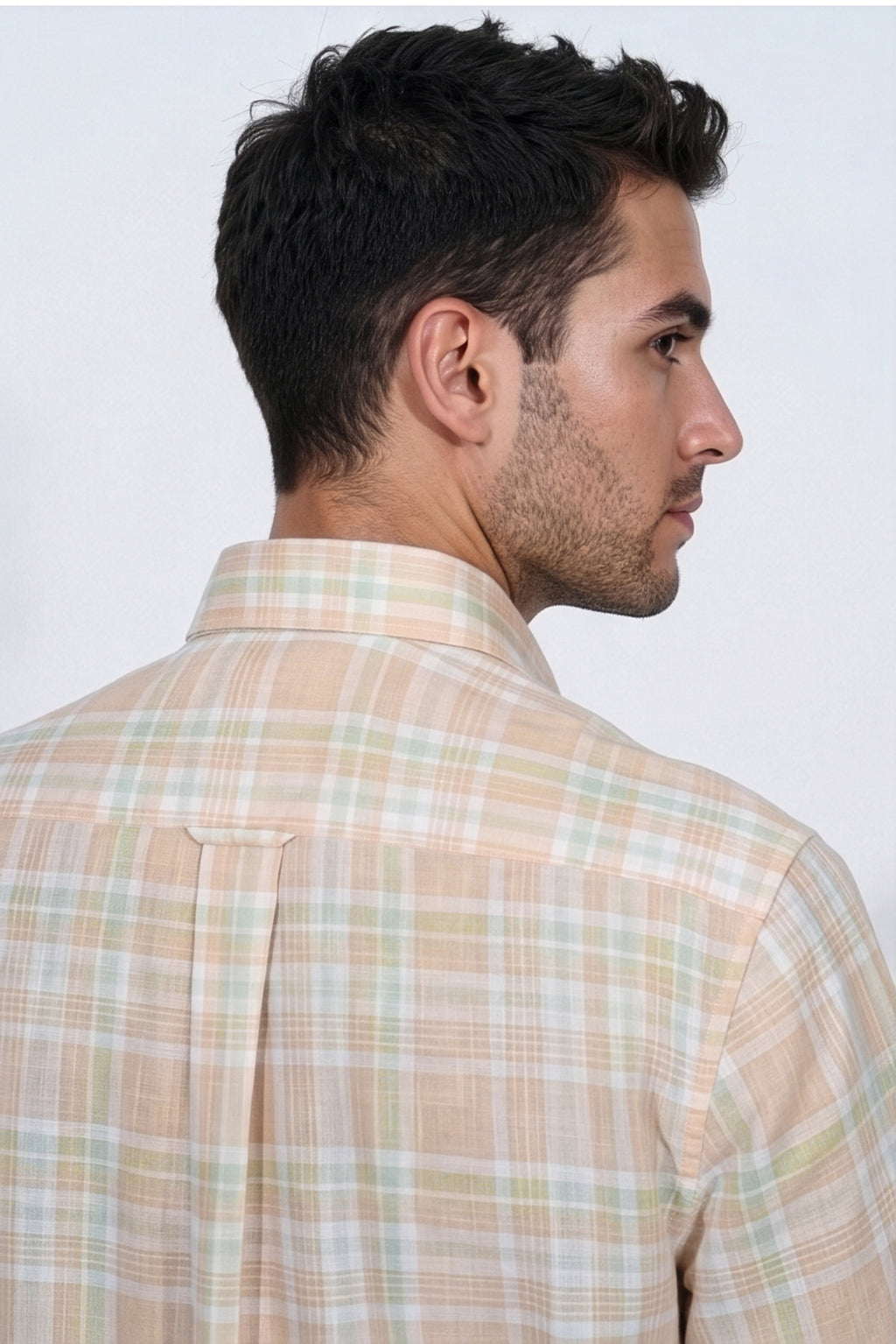 Paul Jones Men's Cotton Linen Shirt Peach Mint Plaid Check – Close Up Collar