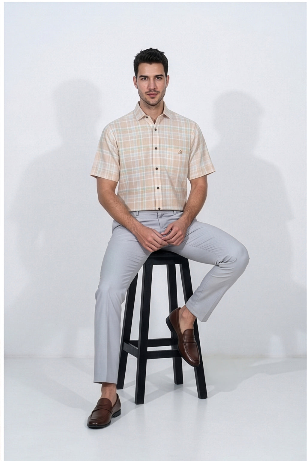Paul Jones Men's Cotton Linen Shirt Peach Mint Plaid Check – Back View