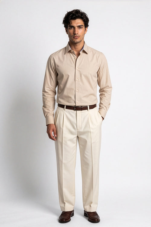 Americus Men's 80's Fine Cotton Plain Shirt Warm Beige – Full Front View