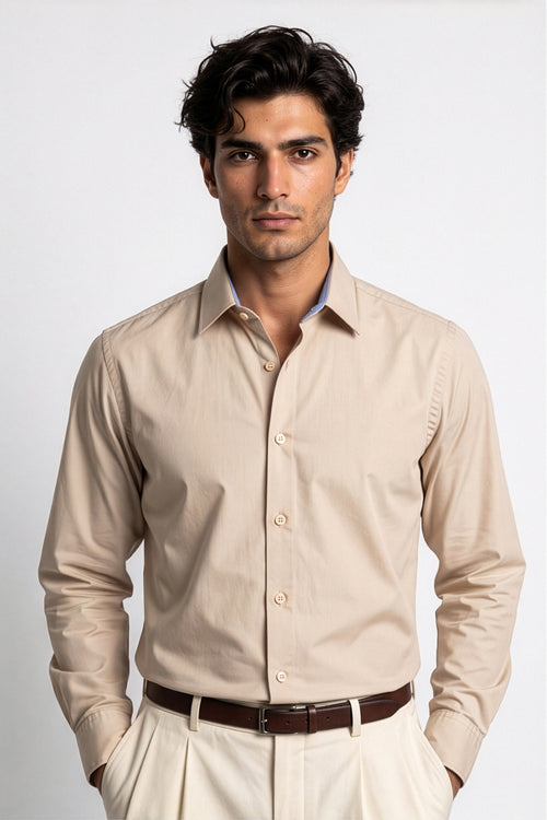 Americus Men's 80's Fine Cotton Plain Shirt Warm Beige – Full Back View