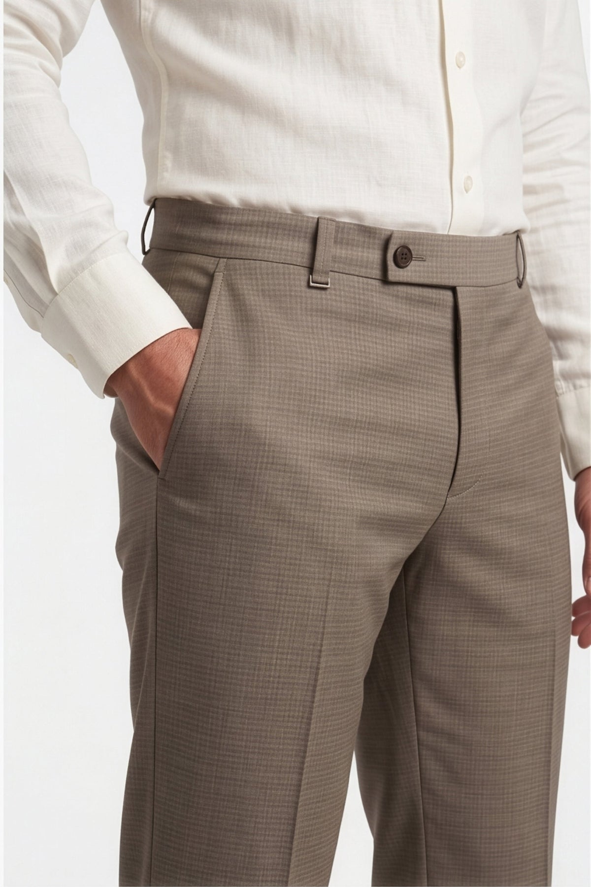 Calcani Men's Formal Pant Warm Khaki – Waistband and Front Pocket Close Up