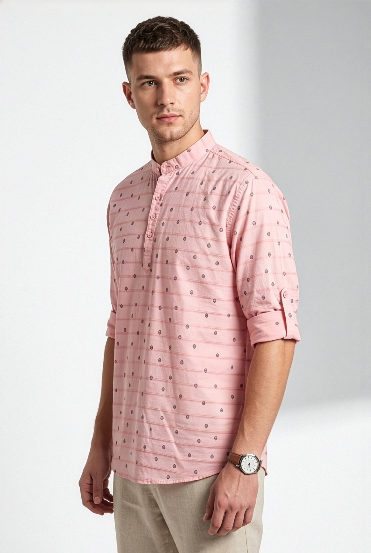 Blush pink printed short kurta, front detail
