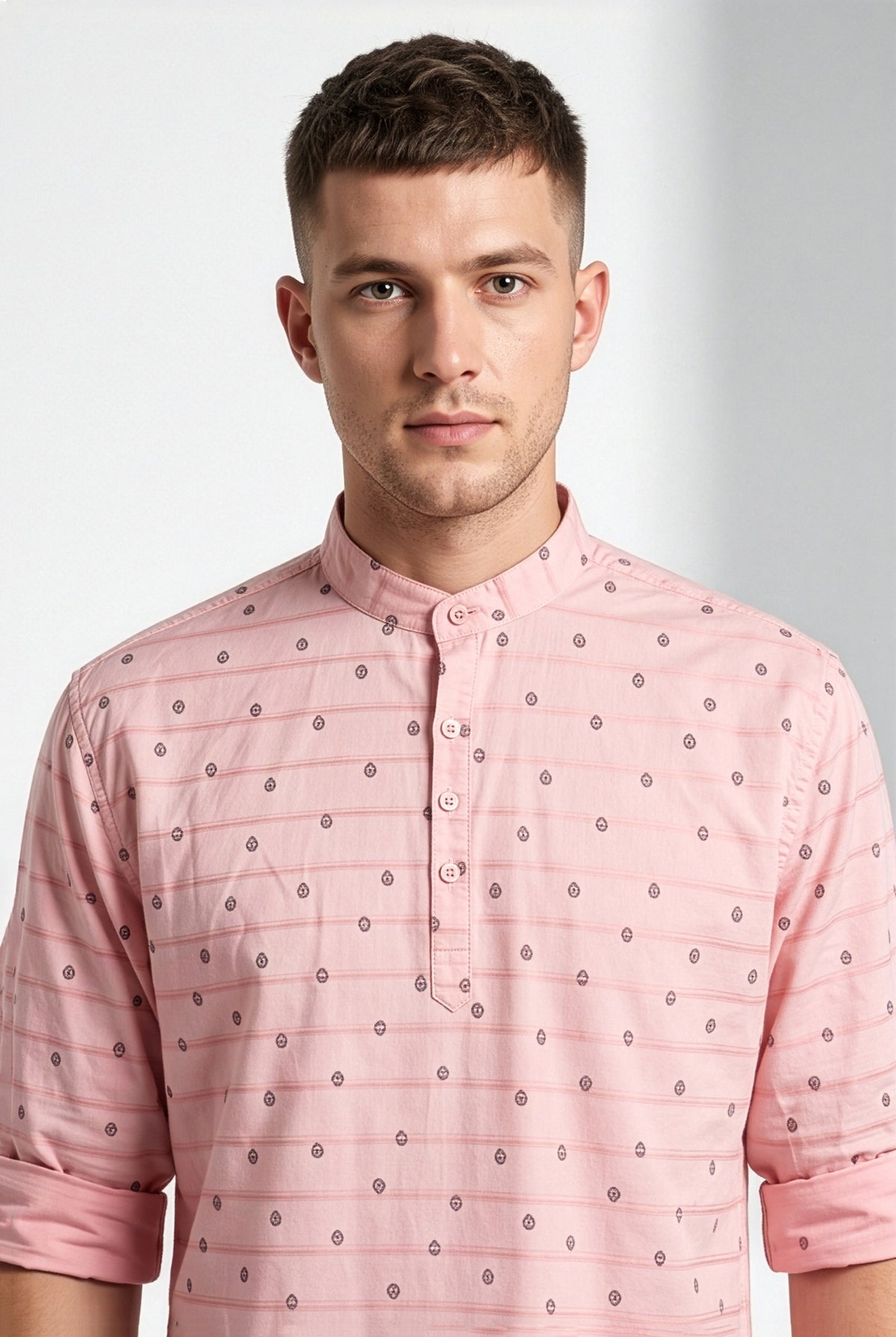 Blush pink printed short kurta, three-quarter view
