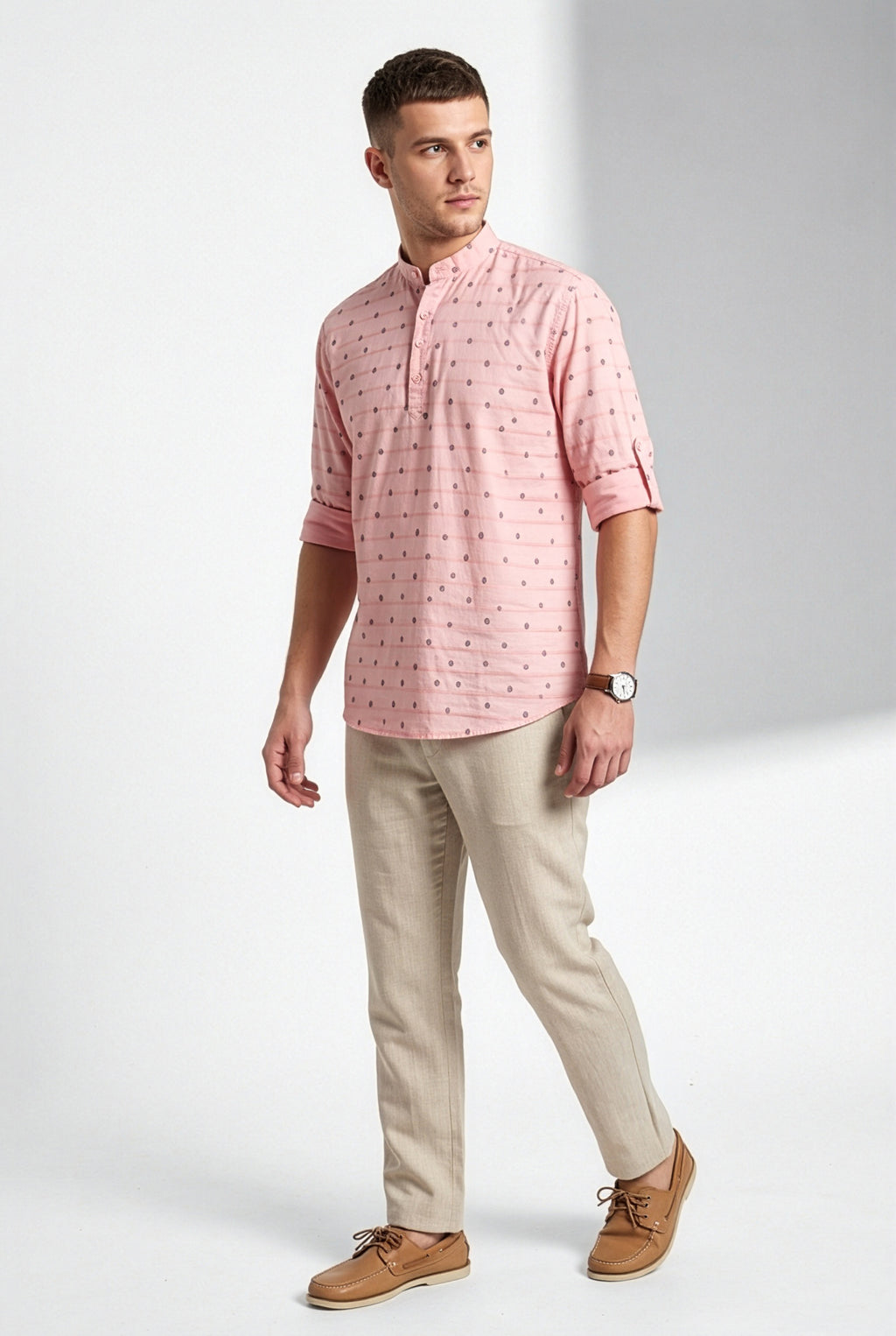 Blush pink printed short kurta, full view