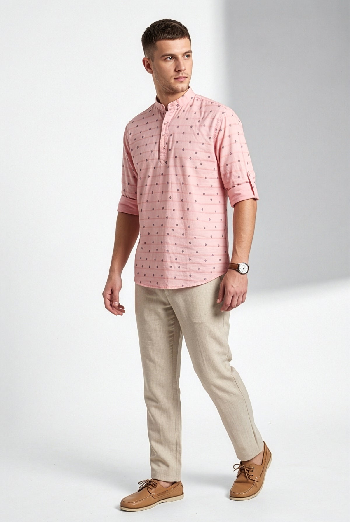 Blush pink printed short kurta, full view