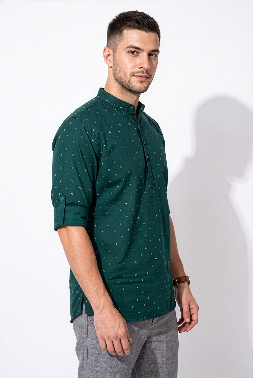 Deep teal-green printed short kurta, three-quarter view