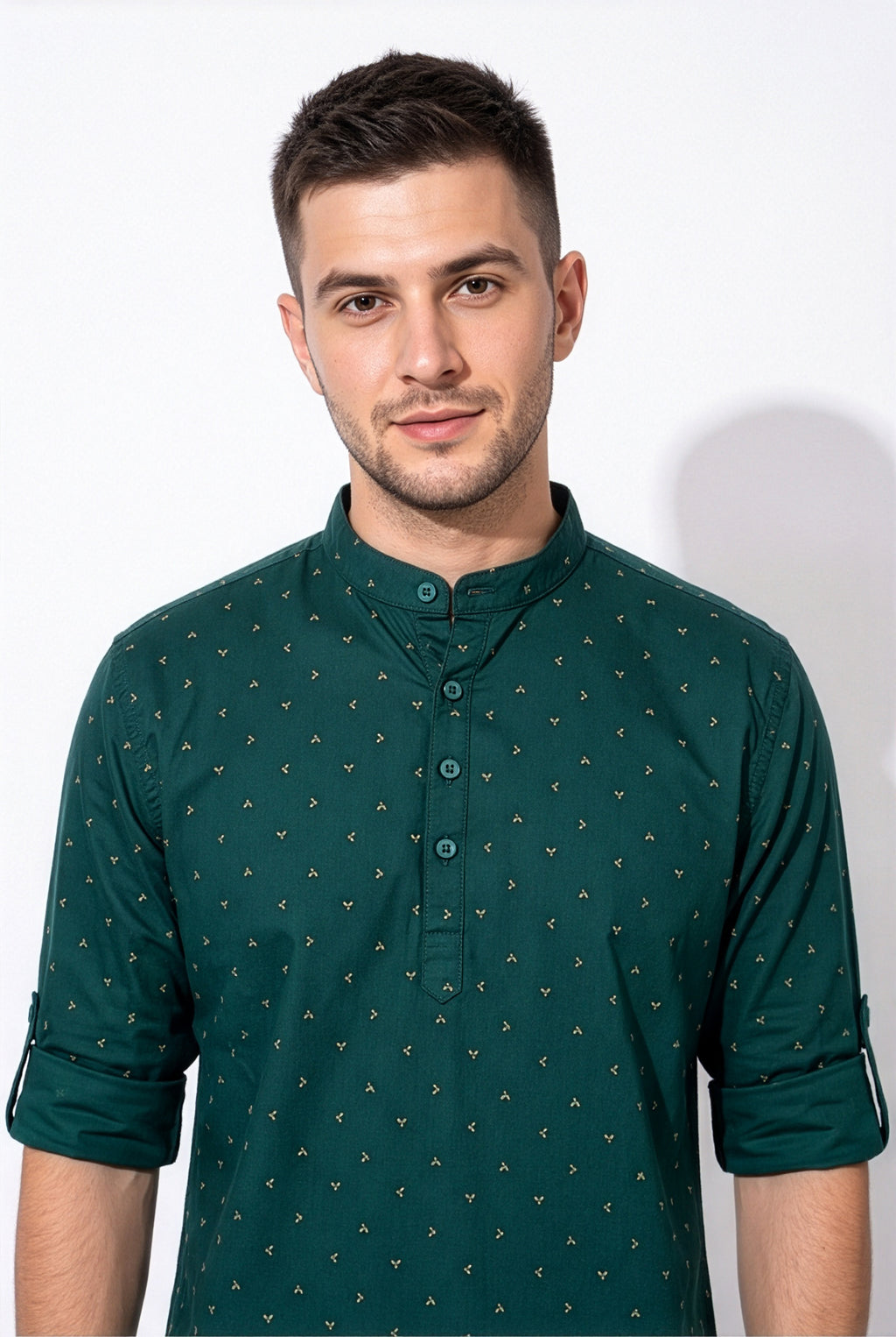 Deep teal-green printed short kurta, full view