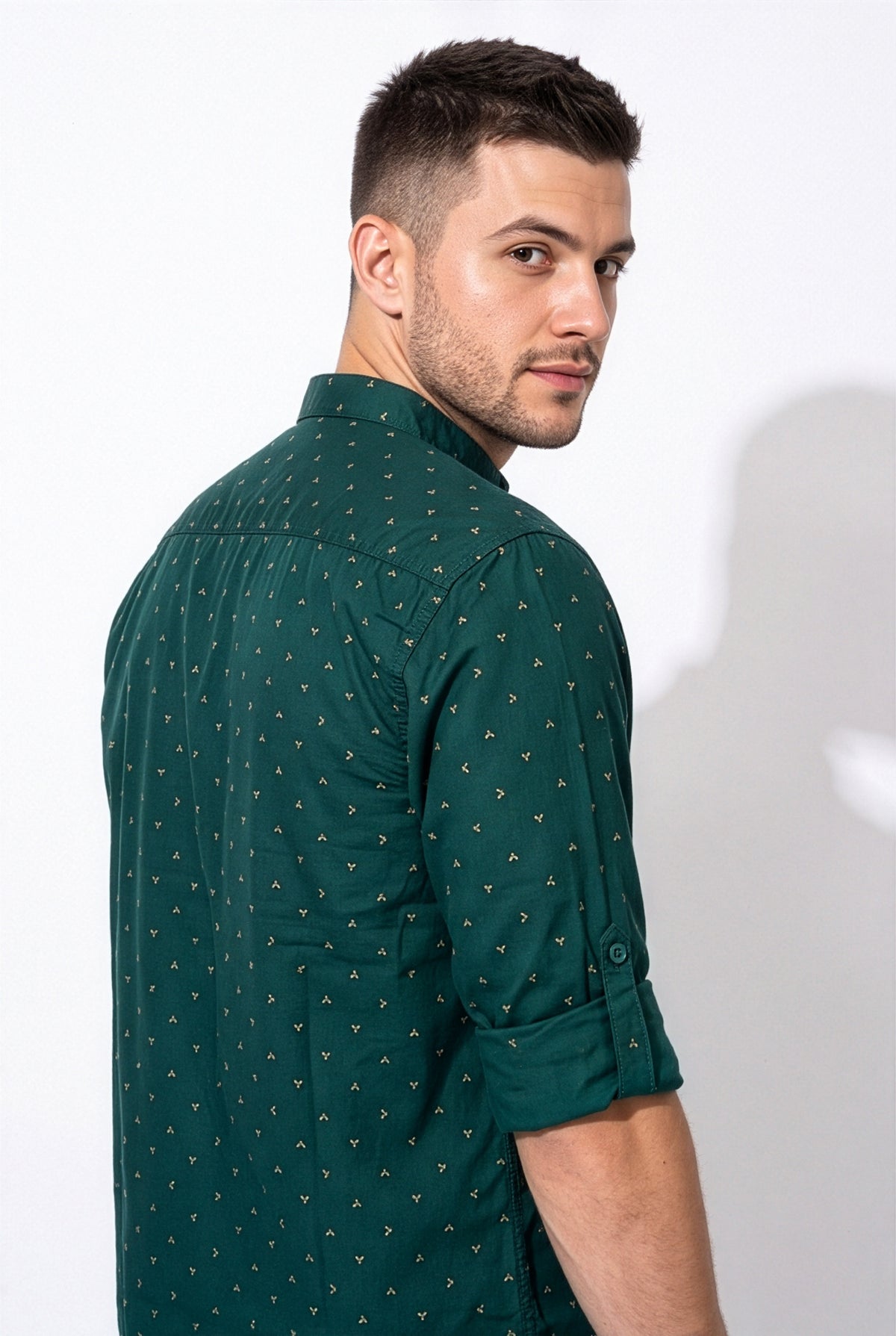 Deep teal-green printed short kurta, collar and print detail