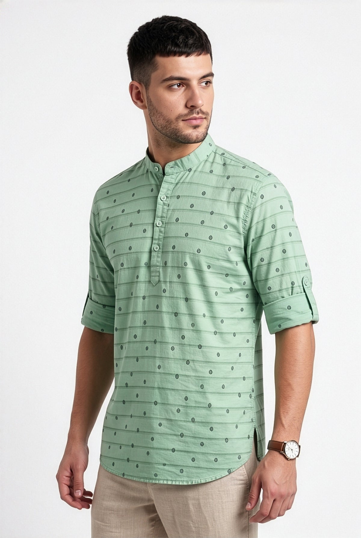 Mint green printed short kurta, full view