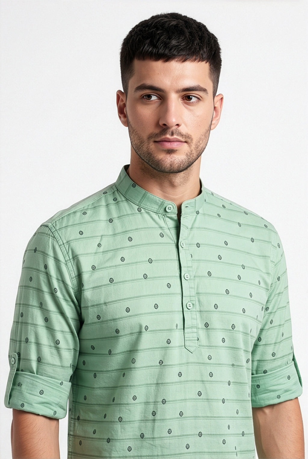 Mint green printed short kurta, collar and print detail