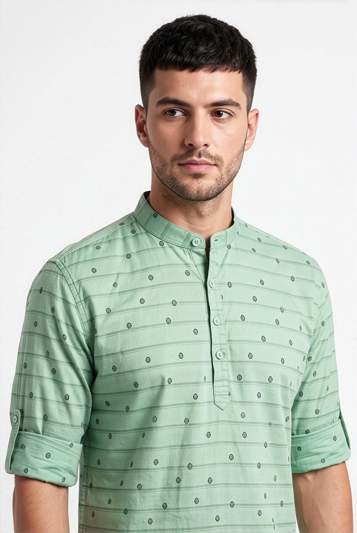 Mint green printed short kurta, collar and print detail