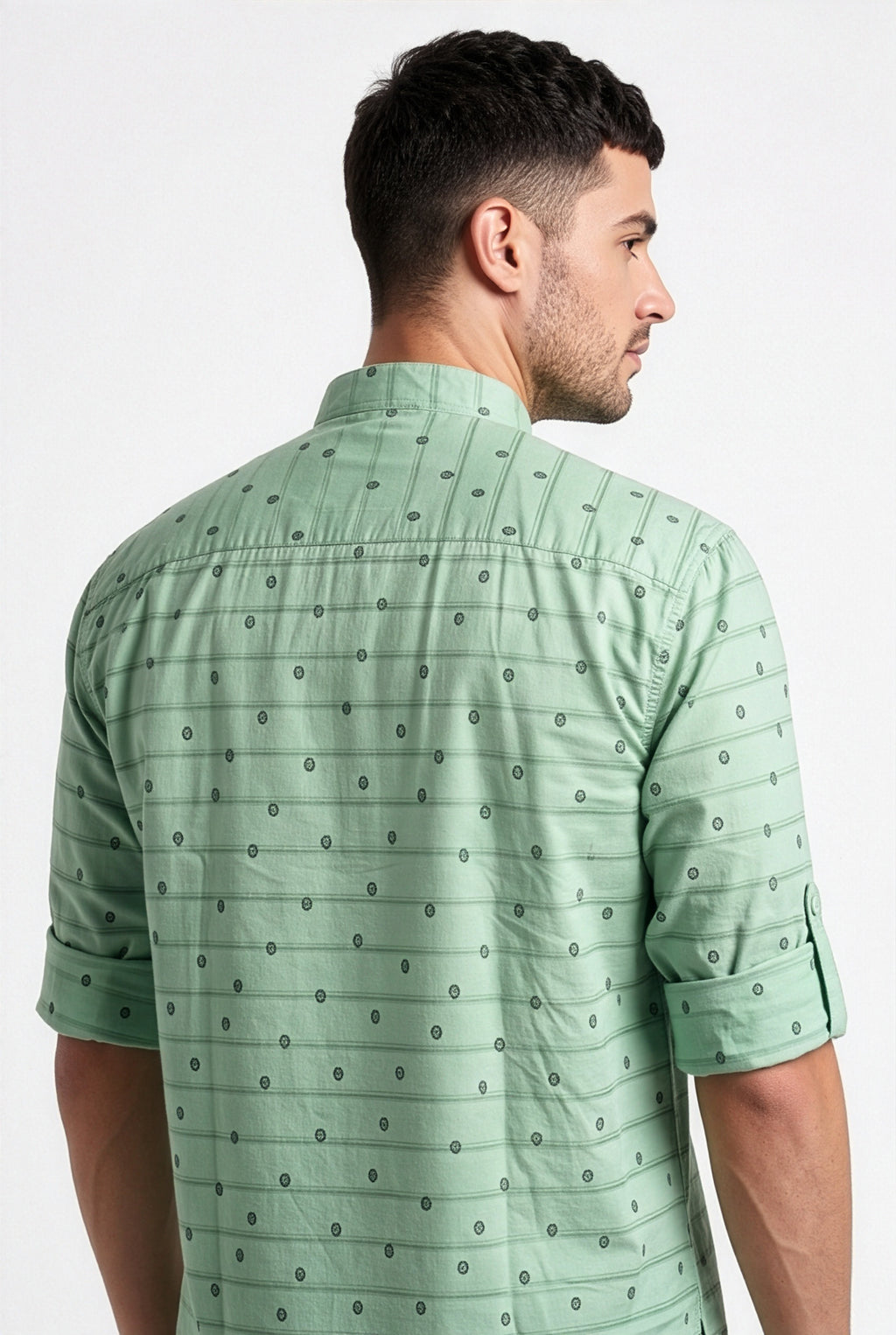 Mint green printed short kurta, three-quarter view