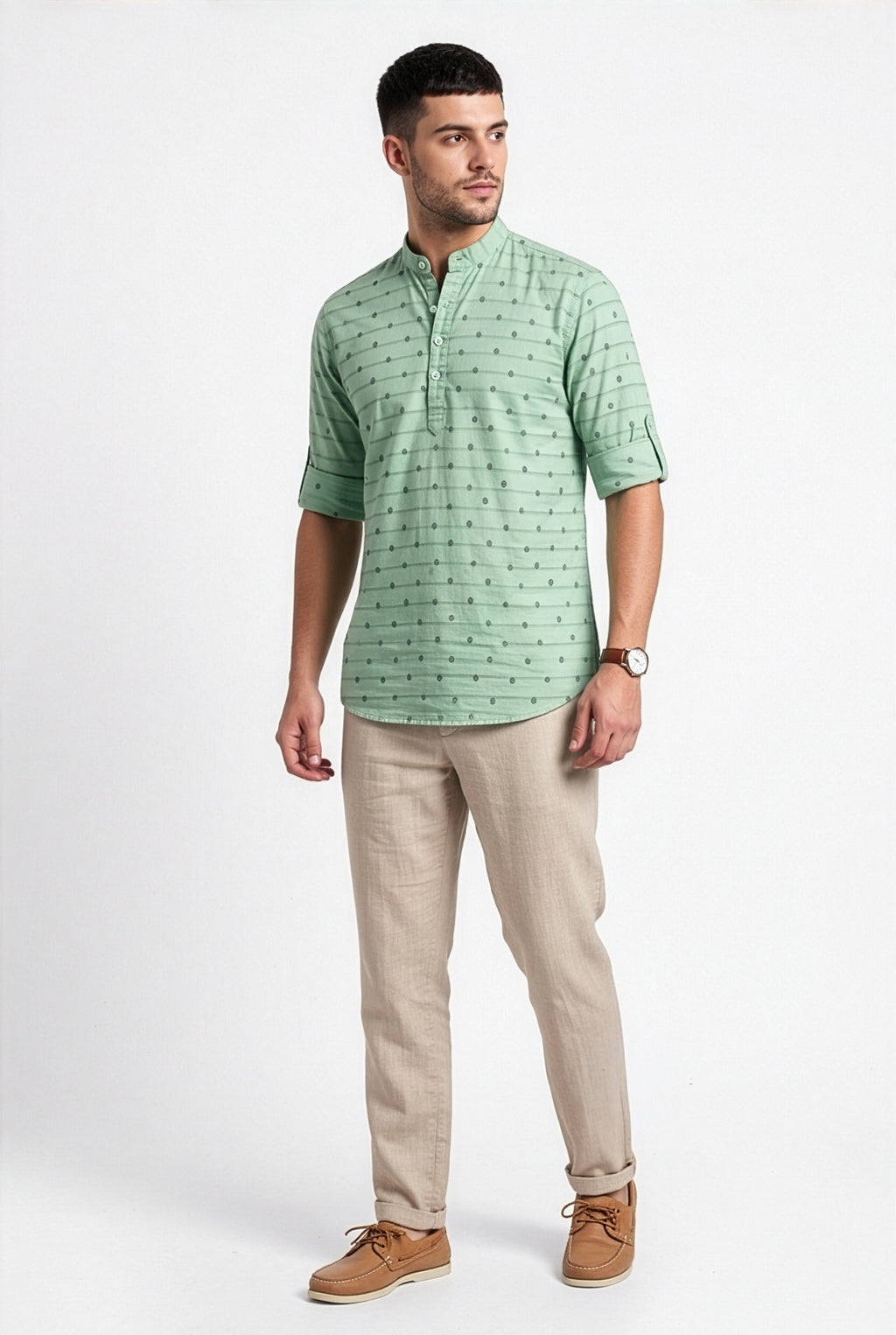 Mint green printed short kurta, back view