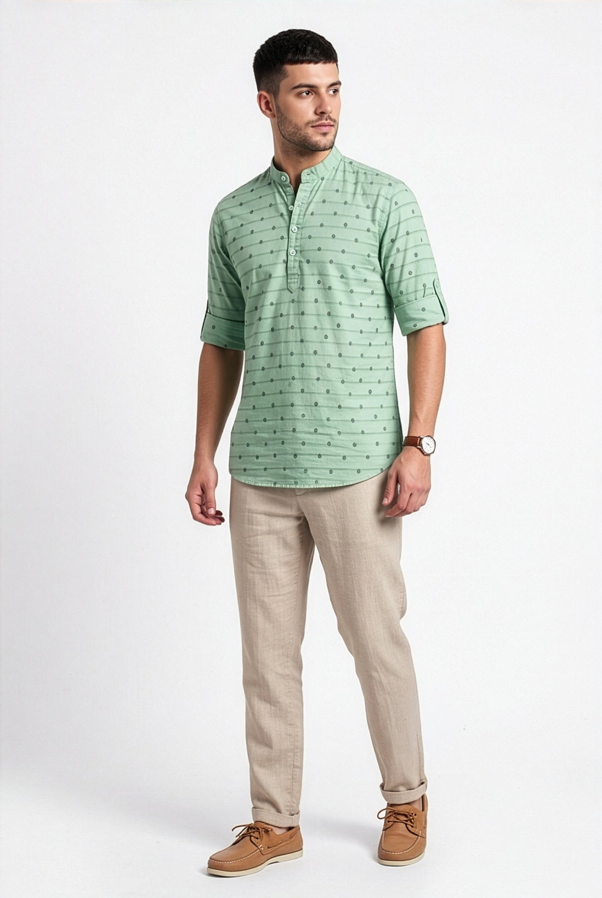 Mint green printed short kurta, back view