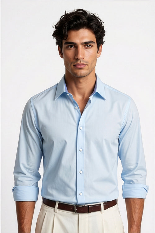 Americus Men's 80's Fine Cotton Plain Shirt Sky Blue – Portrait Front View