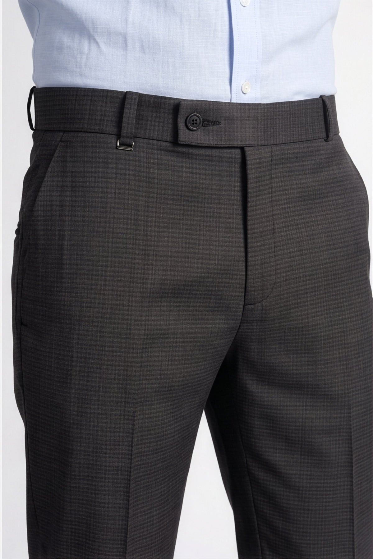 Calcani Men's Formal Pant Dark Brown – Waistband and Front Pocket Close Up