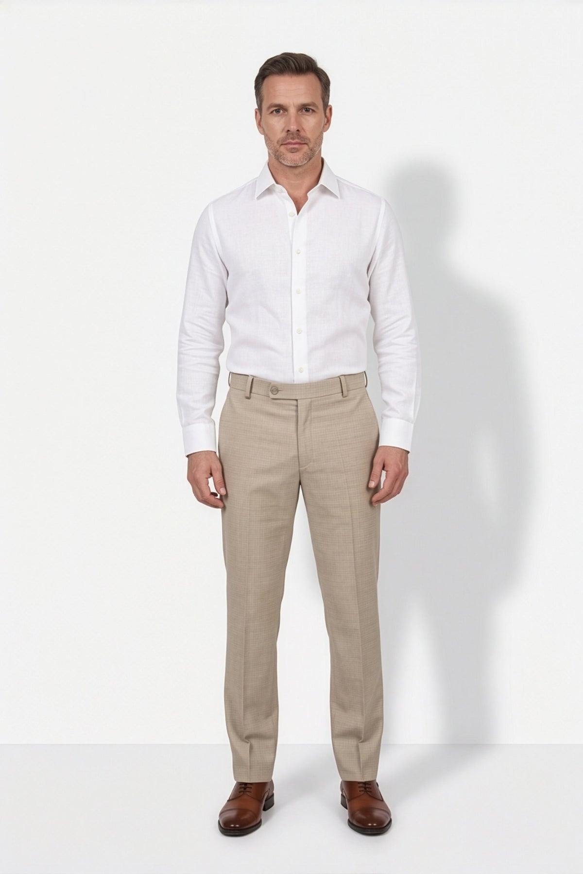 Calcani Men's Formal Pant Sand Beige – Full Length Front View with White Shirt