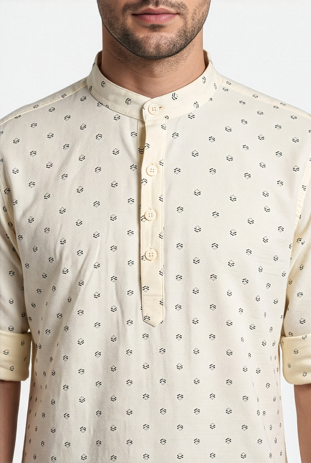 Ivory cream printed short kurta, full view