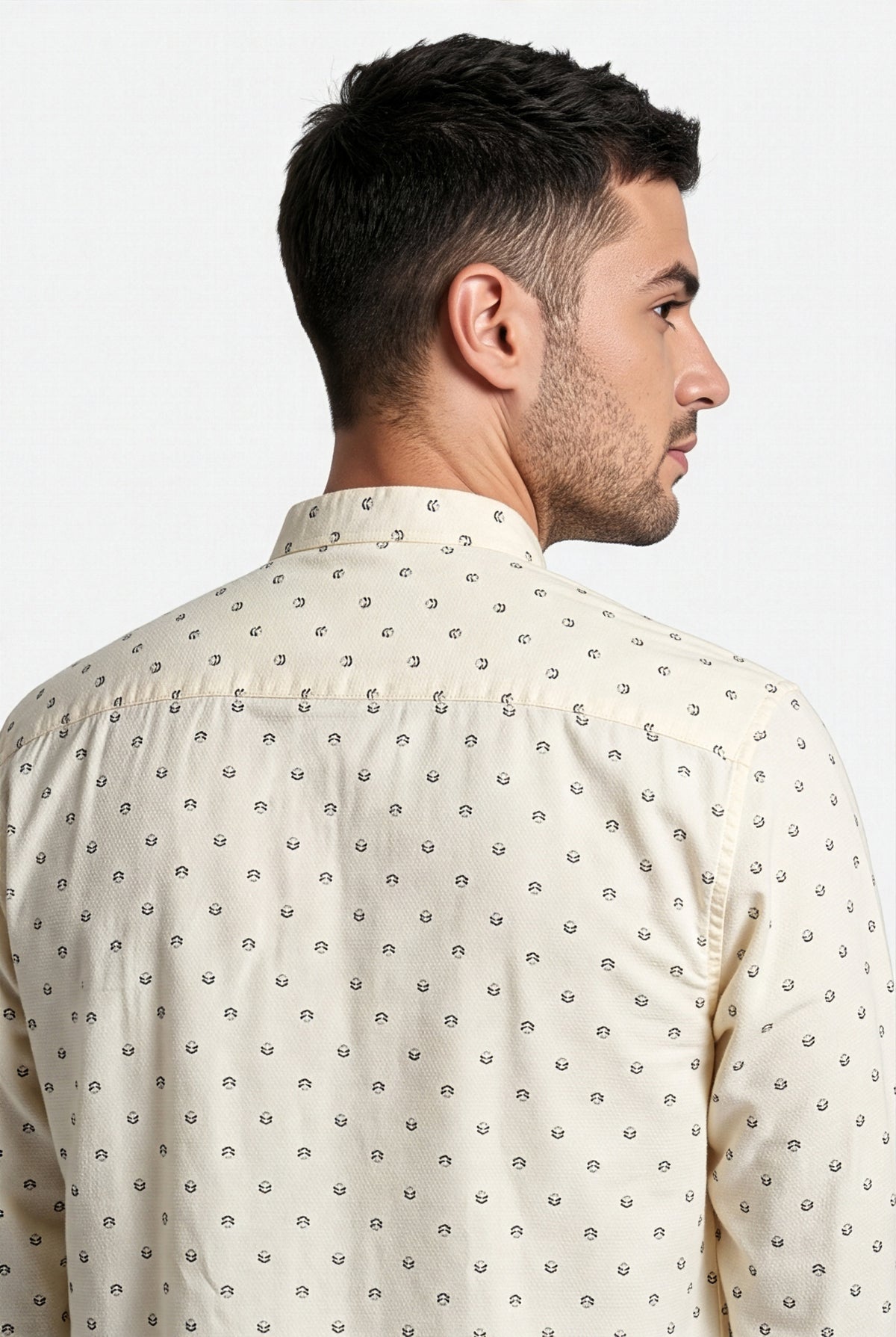 Ivory cream printed short kurta, three-quarter view