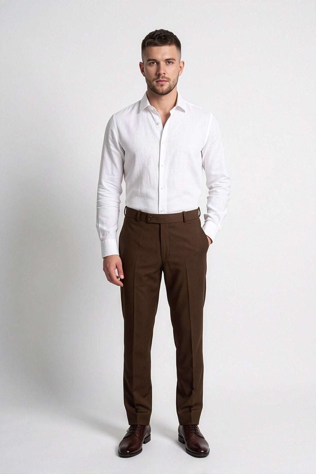 Calcani Men's Trouser Dark Chocolate Brown – Full Length Front View with White Shirt