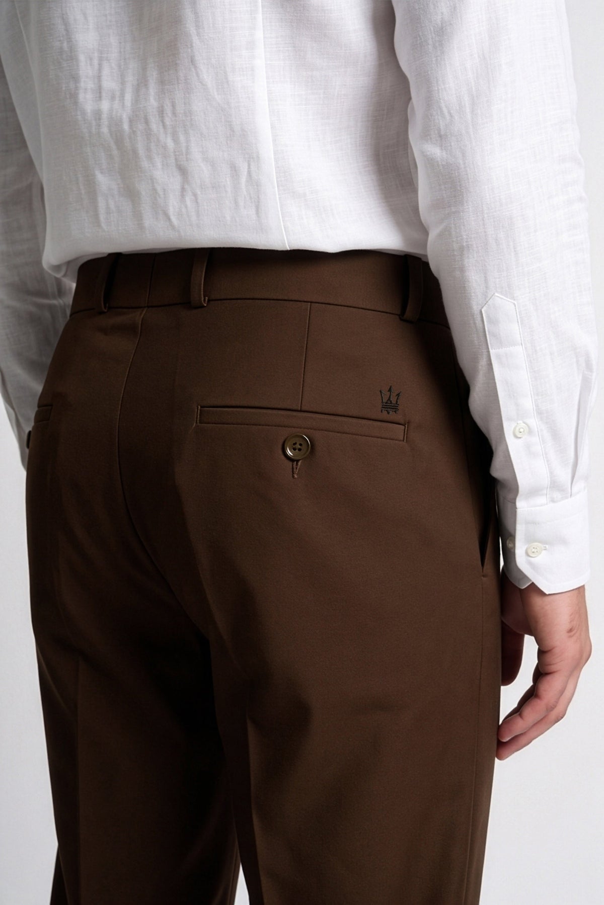 Calcani Men's Trouser Dark Chocolate Brown – Back Pocket with Calcani Trident Crown Logo Detail