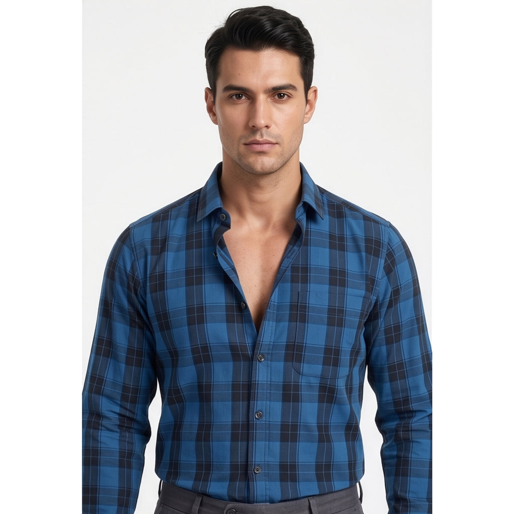 Paul Joness Men's Cotton Check Shirt Steel Blue