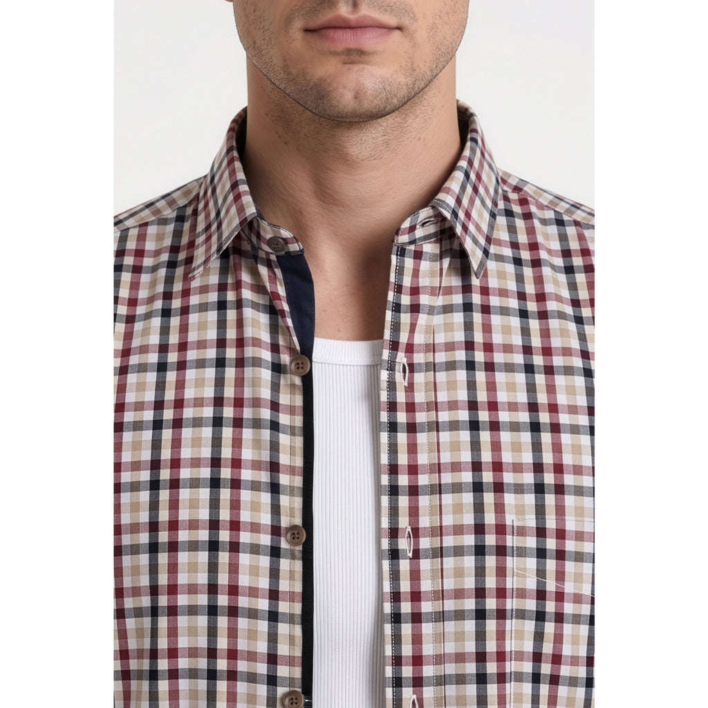 Paul Joness Men's Cotton Check Shirt Cream Burgundy