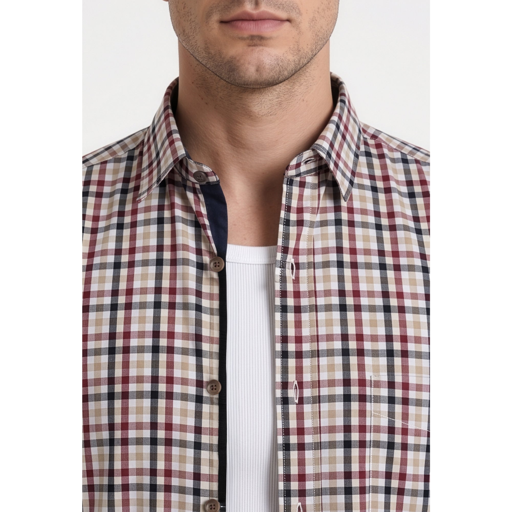 Paul Joness Men's Cotton Check Shirt Cream Burgundy
