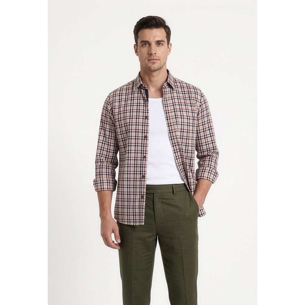 Paul Joness Men's Cotton Check Shirt Cream Burgundy