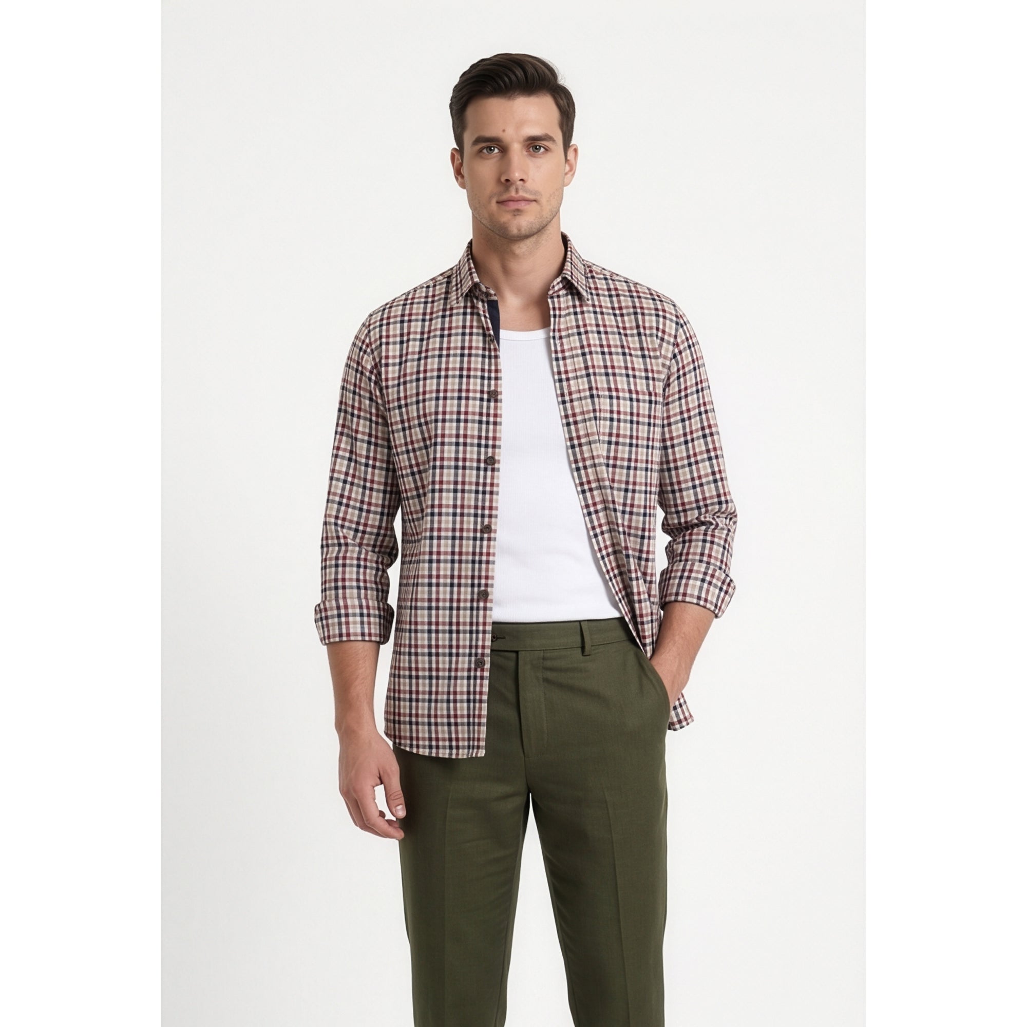 Paul Joness Men's Cotton Check Shirt Cream Burgundy