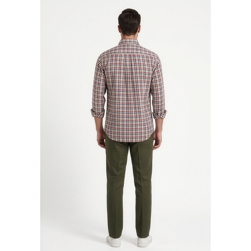 Paul Joness Men's Cotton Check Shirt Cream Burgundy