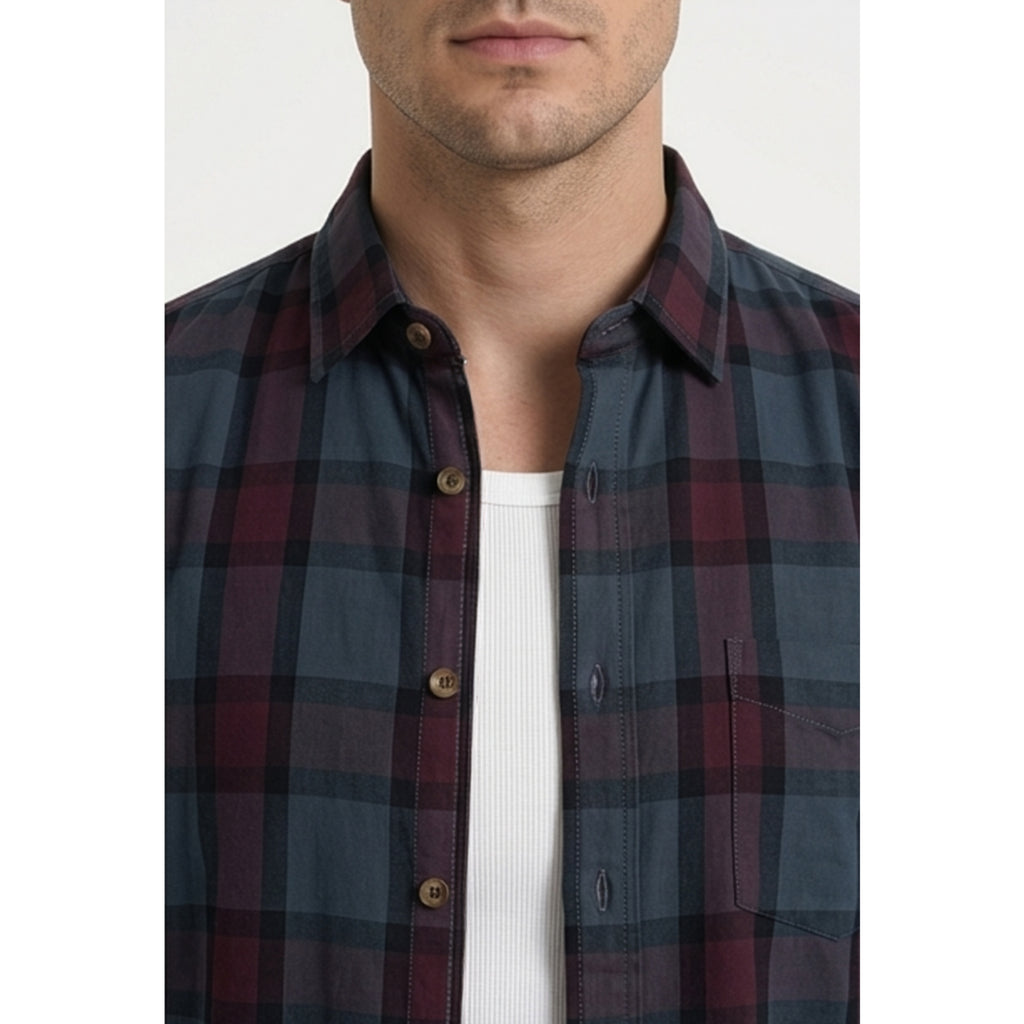 Paul Joness Men's Cotton Check Shirt Navy Burgundy