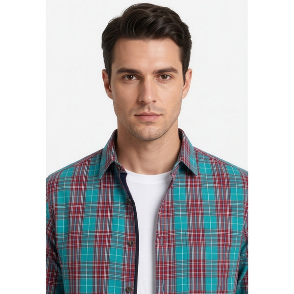 Paul Joness Men's Cotton Check Shirt Teal Burgundy