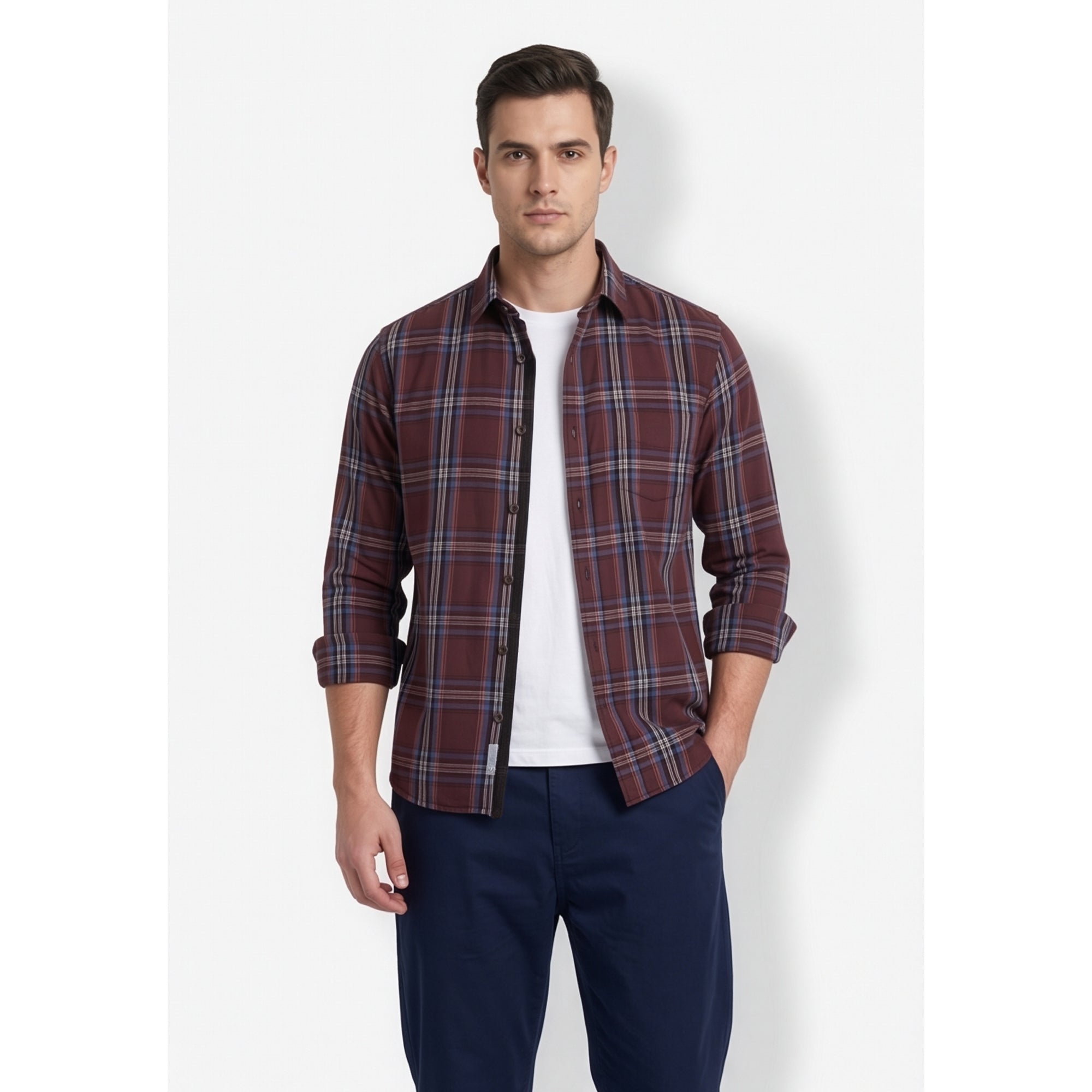 Paul Joness Men's Cotton Check Shirt Maroon Blue